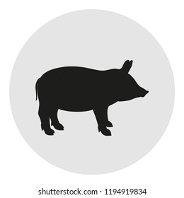 Pig. Silhouette of hog. Circle web icon. Hand drawn animal on isolated background. Black and white illustration