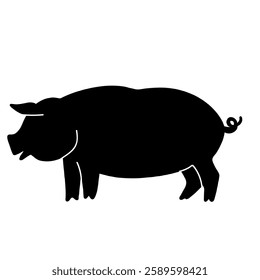 Pig silhouette. Hog, swine profile. Black domestic farm animal icon. Boar shadow, side view. Pork, meat, bacon, butchery symbol. Flat vector hand drawn illustration.