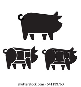 Pig silhouette icon with pork cuts chart. Meat and butcher industry infographic vector illustration.