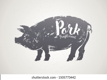 Pig silhouette illustration in graphic style, pork label.