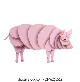 Pig silhouette isolated on white background. Abstract farm animal. Creative 3d concept in cartoon craft paper cut style. Colorful minimal design character. Modern geometric vector illustration.