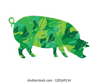 pig silhouette in leaves vector illustration