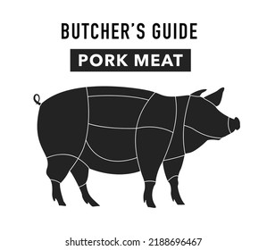 Pig silhouette with lines highlighting cutting parts for butchery store, restaurant menu or cooking book or guide. Vector illustration