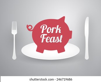 pig silhouette on a plate with cutlery and label pork feast