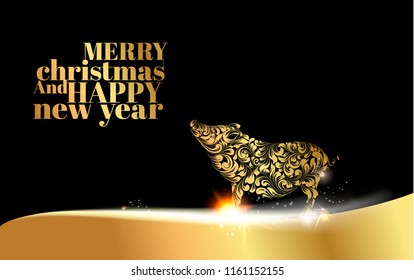 Pig silhouette over golden Christmas card. Christmas invitation card with template text. Vector illustration.