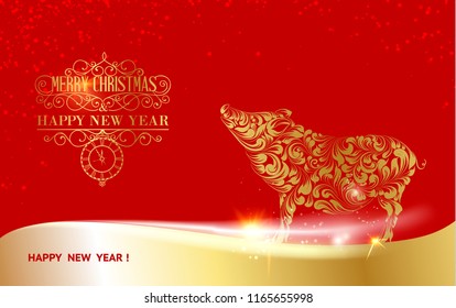 Pig silhouette over golden Christmas card. Christmas invitation card with template text over red background. Vector illustration.