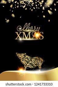 Pig silhouette over golden Christmas card. Christmas invitation card with template text. Vector illustration.