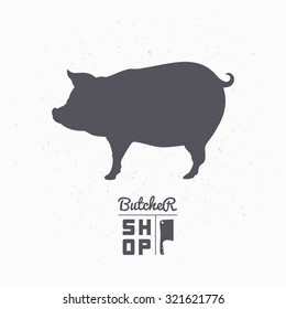 Pig silhouette. Pork meat. Butcher shop logo template for craft food packaging or restaurant design. Vector illustration
