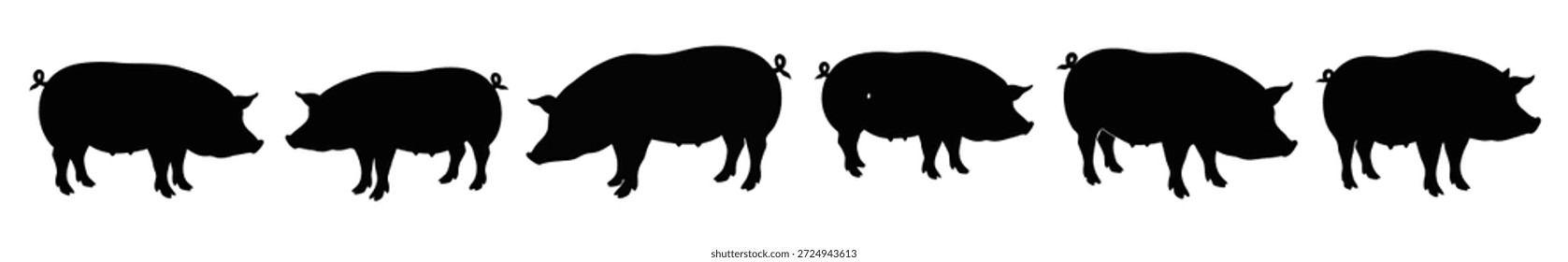 Conjunto de silueta de cerdo con varios perfiles de cerdo en color negro 