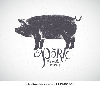 Pig in silhouette style, pork label drawn by hand.