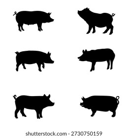 Pig silhouette vector collection showing farm animal poses in clean black style, created for agriculture branding rural design packaging and educational illustrations, ideal for logos icons and print graphics.