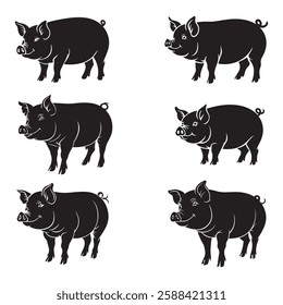 Pig Silhouettes in Various Poses – Editable Vector Set