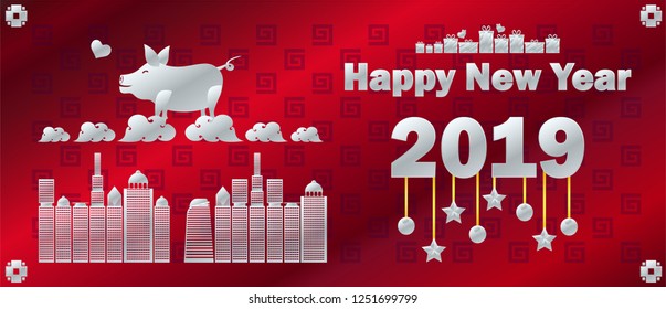 the pig silver love on cloud ribbin star building red black background happy new year merry christmas 2019 vector illustration eps10