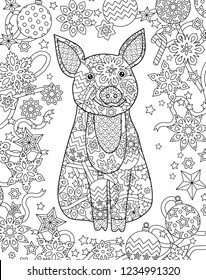 Pig, simbol of New Year 2019 in zentangle inspired doodle style isolated on white. Coloring book page for adult and older children.