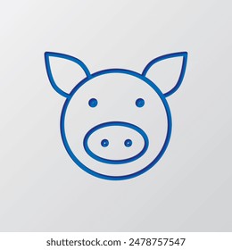 Pig simple icon. Flat design. Paper cut design. Cutted blue symbol with shadow. Gray background.ai