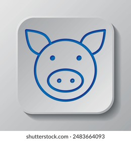 Pig simple icon. Flat design. Paper cut design. Cutted blue symbol with shadow. Gray badge button, gray background.ai