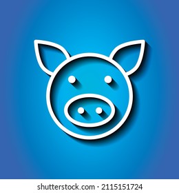 Pig simple icon. Flat desing. White icon with shadow on blue background.ai