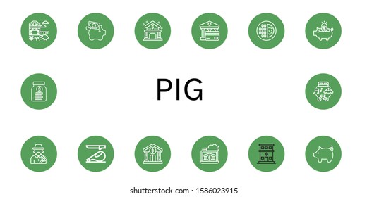 pig simple icons set. Contains such icons as Sheep farm, Piggy bank, Bank, Meat, Farmer, Ham, Pig, Savings, Economy, can be used for web, mobile and logo