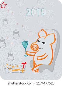 Pig sits in an armchair by the Christmas tree with gifts. Cartoon
