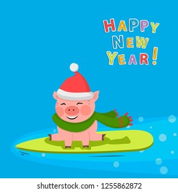 Pig sits on a surfboat with red hat and green sckarf  on a blue sea white background.Cute farm animal pig cartoon character Symbol Christmas and New Year in 2019