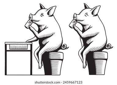 pig sitting and drinking water, hand drawn illustration