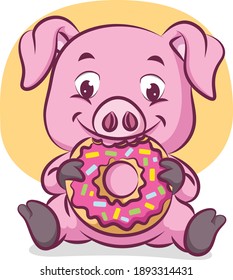 The pig is sitting and eating a big doughnut full of messes of illustration