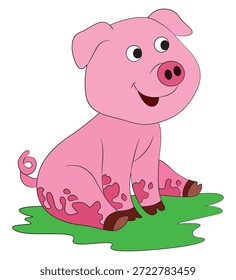 Un cerdo sentado en la hierba está sonriendo