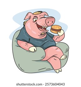 A pig sitting on sofa eating a hamburger. Overweight concept. cartoon vector illustration. 