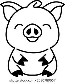 A pig is sitting on a white background with a smile on its face. The pig is happy and content