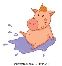 Pig sitting in puddle of mud