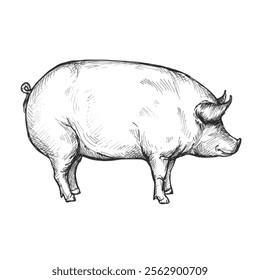 Pig sketch isolated on white background. Vintage farm animal vector illustration.	