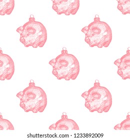 Pig sketch. Seamless pattern with sketch Christmas balls pig