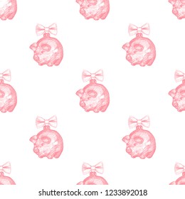 Pig sketch. Seamless pattern with sketch Christmas balls pig