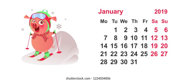 Pig ski symbol 2019 year. Calendar grid january. Vector cartoon illustration template month