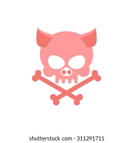 Pig skull with bones. Head skeleton of  pigs. Logo for Halloween. Pink cranium farm animal