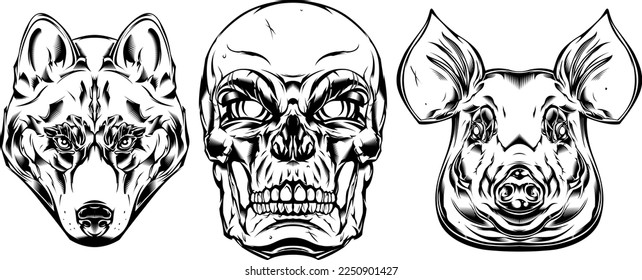 Pig, skull, dog head mascot. Angry faces logo. Black color isolated vector illustration.