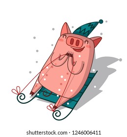 Pig is sledding.