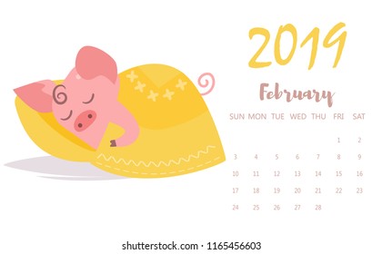 Pig sleeping Vector. Cartoon. Isolated art on white background. Flat February calendar 2019