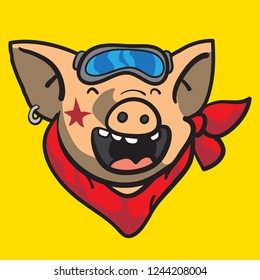 Pig smile & happy Hand draw, A close up on the chubby face of a pig, with yellow Background, standing ears and big snout, smiles widely in delight