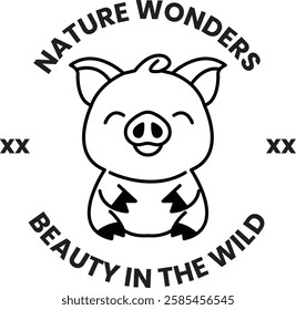 A pig is smiling and sitting in the middle of a circle in the style of sign illustrations