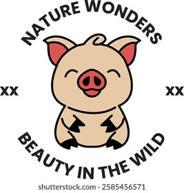 A pig is smiling and sitting in the middle of a circle in the style of sign illustrations