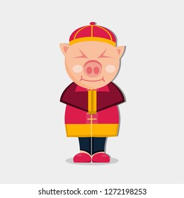 pig smiling wearing traditional Chinese costume cheongsam vector illustration