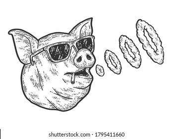 The pig smokes and blows smoke rings. Sketch scratch board imitation.