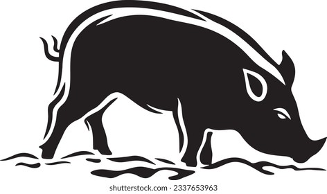 Pig sniffing the ground, Basic simple Minimalist vector SVG graphic, isolated on white background, black and white