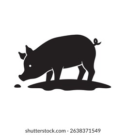 Pig Sniffing The Muddy Ground Vector Silhouette Illustration