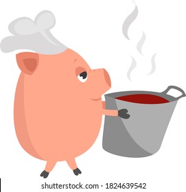 Pig with soup, illustration, vector on white background