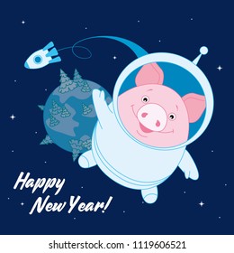 Pig in a space suit in space on the background of the rocket and the planet. Symbol of the new year in the Chinese calendar. 2019. Vector. Illustration for postcards, stickers, posters
