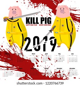 The pig in a sports suit with katana sword. Vector flat and linear Illustration of 2019 year. Web banners, advertisements, brochures, business templates. Set of cute pigs. The symbol of the Chinese