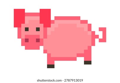 Pig with square pixel body, blocky ear, snout, and trotters in retro game style. Symbol of farm, harvest, thrift, and nostalgia for 8 bit arcade aesthetics. Cartoon vector illustration.