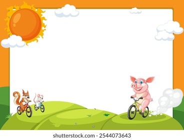 Pig, squirrel, and mouse cycling on a sunny day